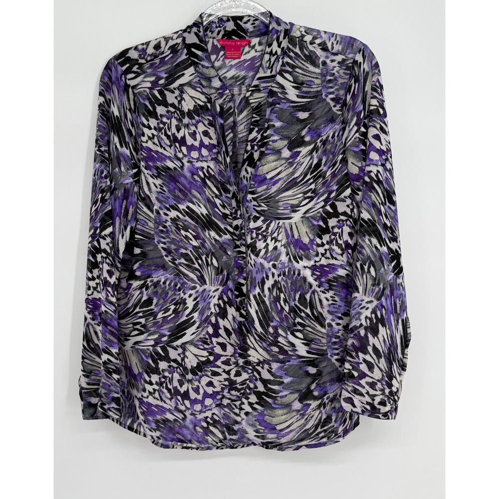 Sunny Leigh Purple Black Abstract Butterfly Print Hidden Button‎ Blouse Sz S